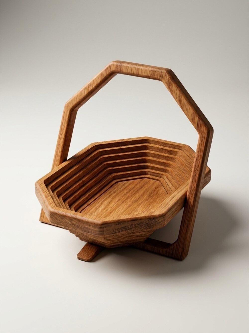 Vintage 90s Collapsible Octagon Spiral Wood Fruits Basket Decor w/Handle 12x8”